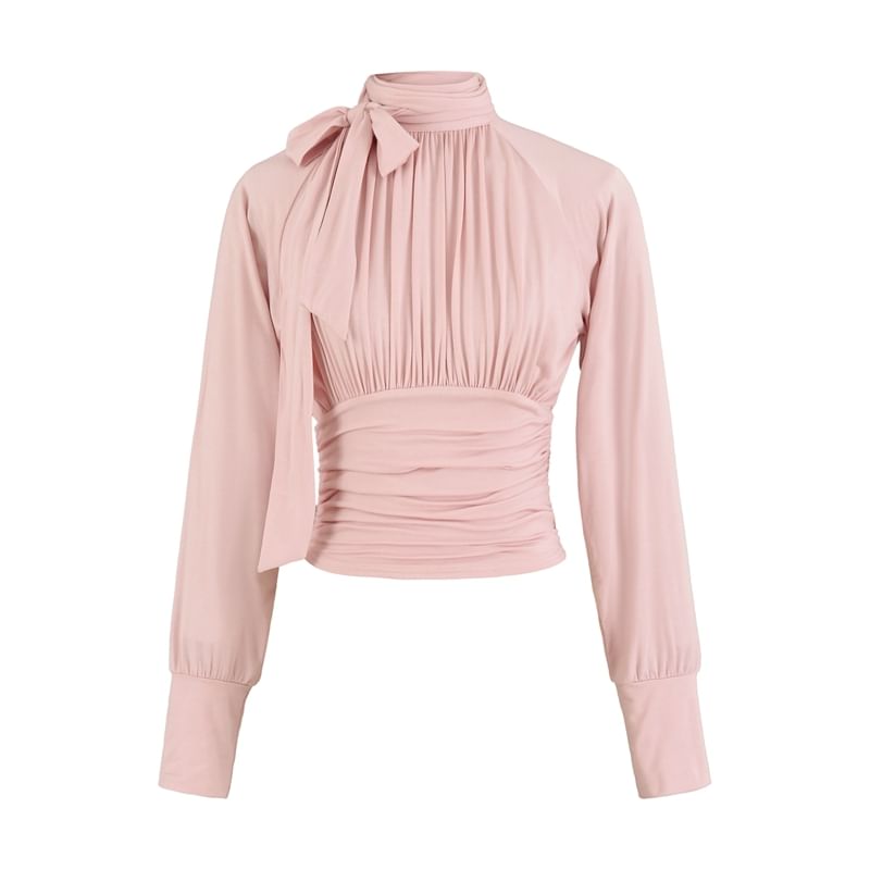 Ruched Plain Blouse with Mock Neck and Long Sleeves