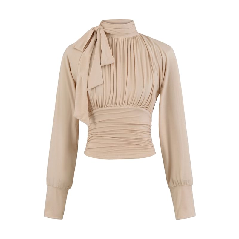 Ruched Plain Blouse with Mock Neck and Long Sleeves
