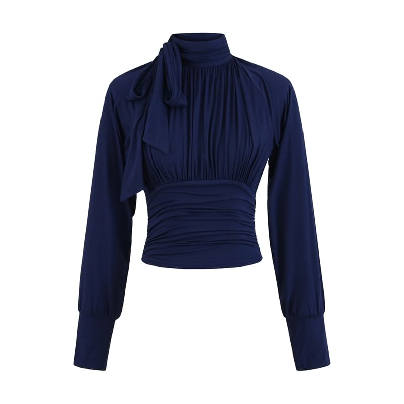 Ruched Plain Blouse with Mock Neck and Long Sleeves