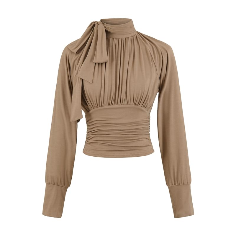 Ruched Plain Blouse with Mock Neck and Long Sleeves