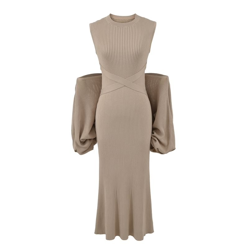Set: Sleeveless Plain Midi Pleated A-Line Dress + Crop Sweater