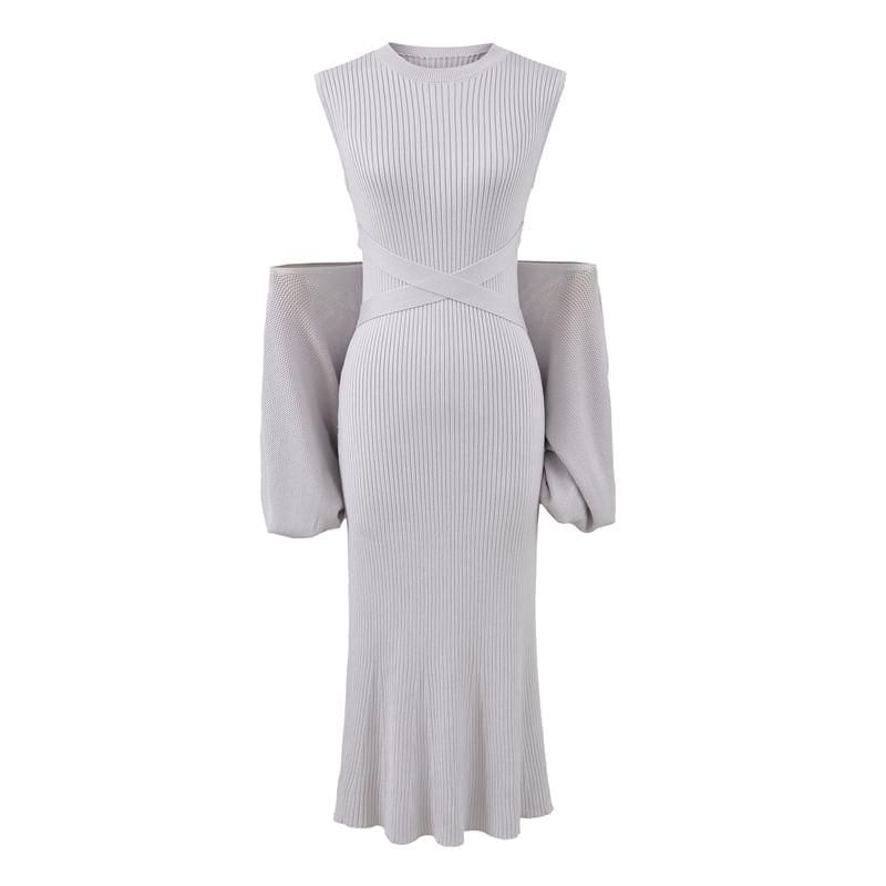 Set: Sleeveless Plain Midi Pleated A-Line Dress + Crop Sweater