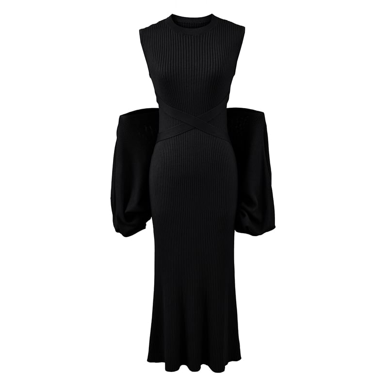 Set: Sleeveless Plain Midi Pleated A-Line Dress + Crop Sweater