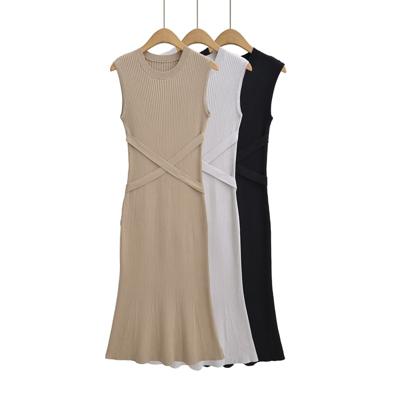 Set: Sleeveless Plain Midi Pleated A-Line Dress + Crop Sweater