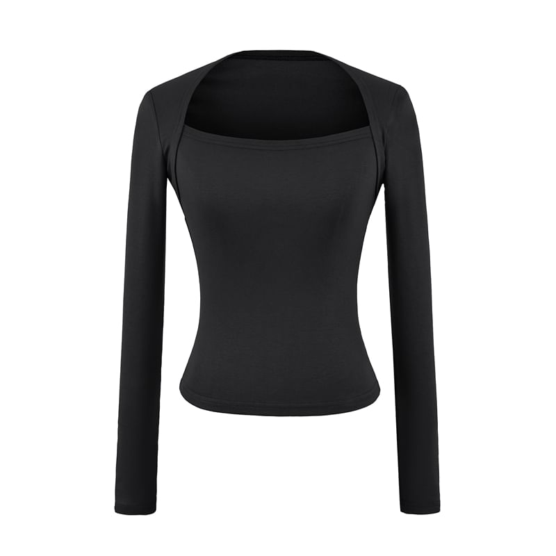 Plain Crop Tee with Square Neck and Long Sleeves