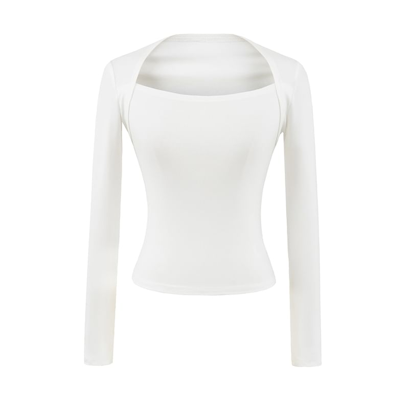 Plain Crop Tee with Square Neck and Long Sleeves
