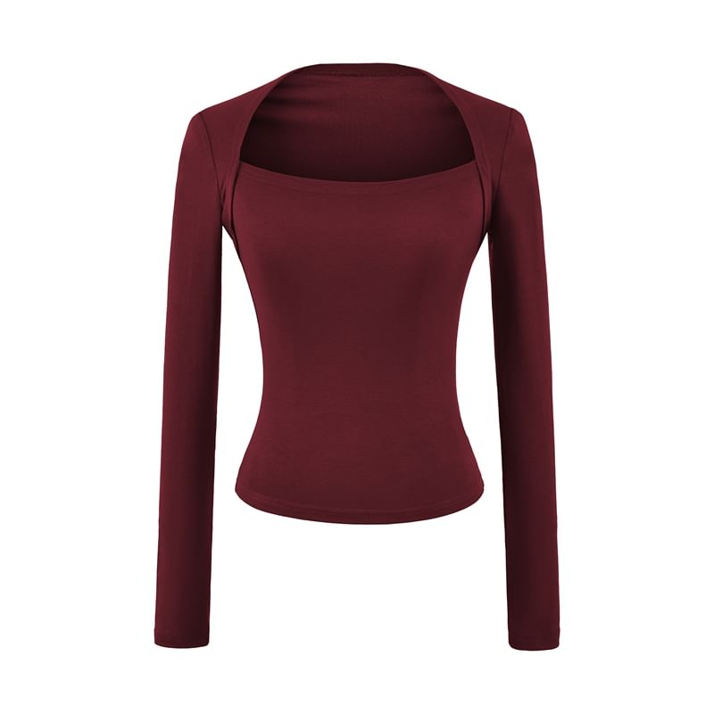 Plain Crop Tee with Square Neck and Long Sleeves