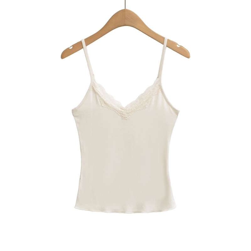 Set: Lace Camisole Top + Long-Sleeve Plain V-Neck Wrap Tee