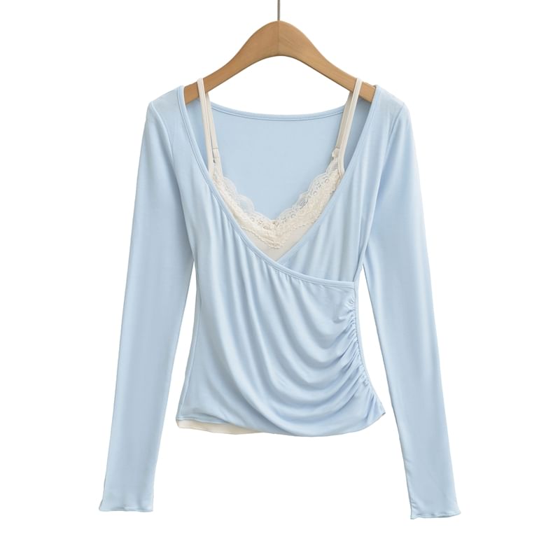 Set: Lace Camisole Top + Long-Sleeve Plain V-Neck Wrap Tee