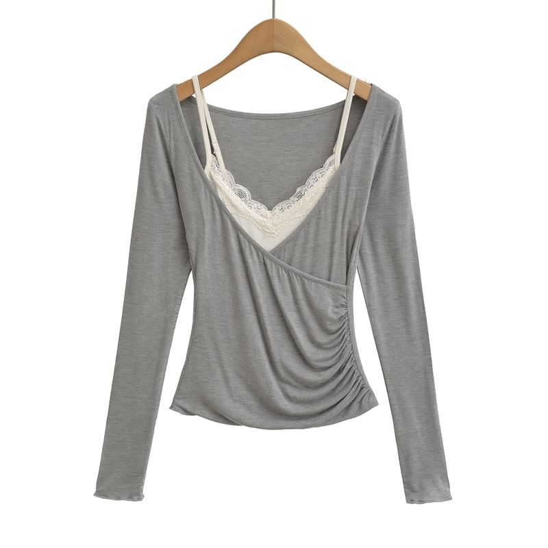 Set: Lace Camisole Top + Long-Sleeve Plain V-Neck Wrap Tee