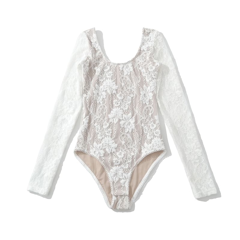 Lace Bodysuit Top with Scoop Neck and Long Sleeves