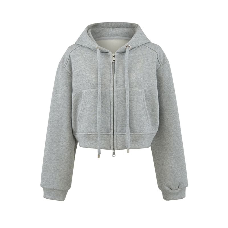 Plain Crop Zip Hoodie with Drop Shoulder Design