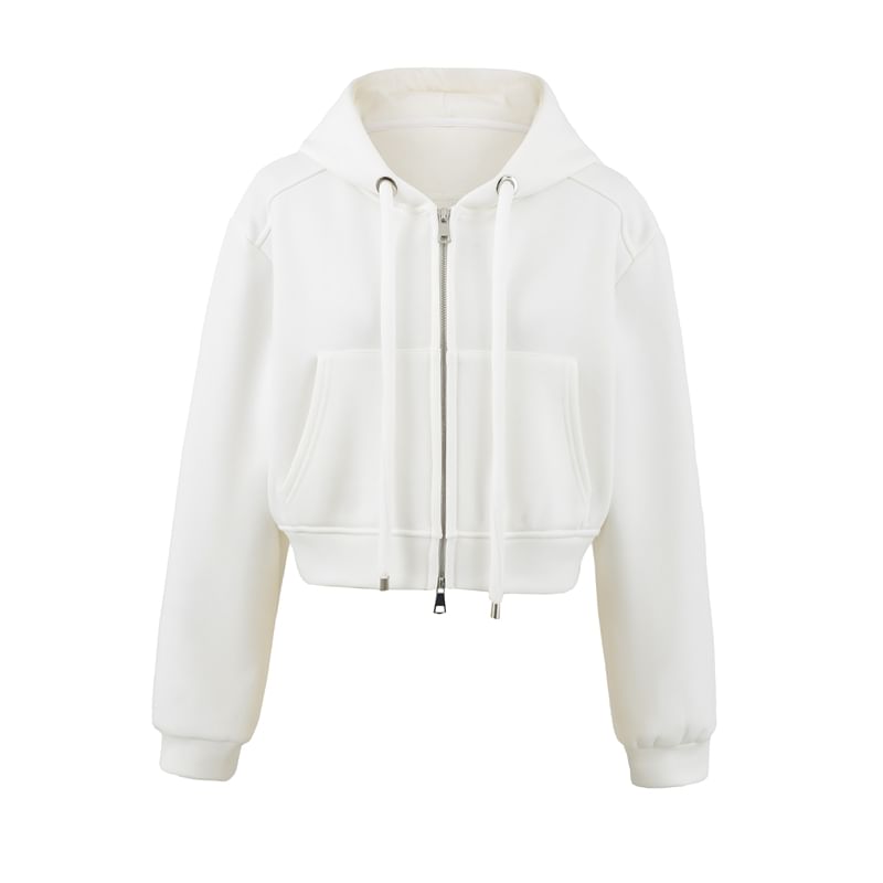 Plain Crop Zip Hoodie with Drop Shoulder Design