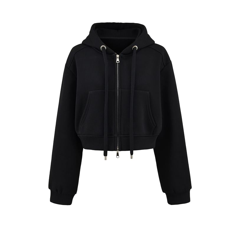 Plain Crop Zip Hoodie with Drop Shoulder Design