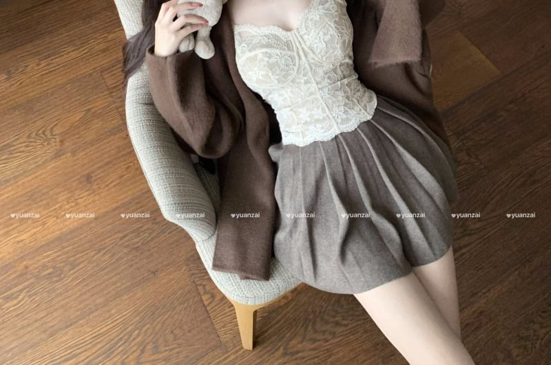 Hooded Plain Cardigan / High Waist Mini Pleated Skirt / Sleeveless Lace Crop Top