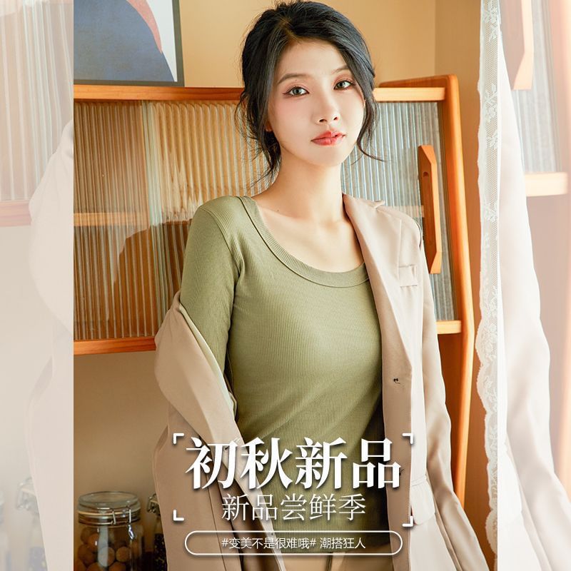 Plain Ribbed Underwear T-Shirt with Round Neck and Long Sleeves