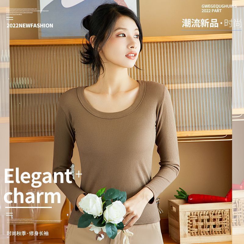 Plain Ribbed Underwear T-Shirt with Round Neck and Long Sleeves