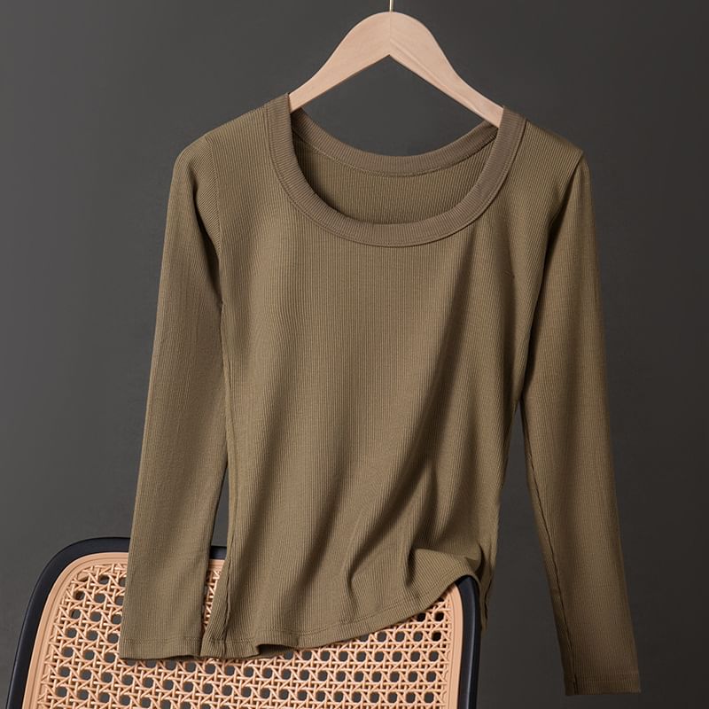 Plain Ribbed Underwear T-Shirt with Round Neck and Long Sleeves