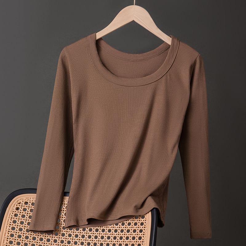 Plain Ribbed Underwear T-Shirt with Round Neck and Long Sleeves
