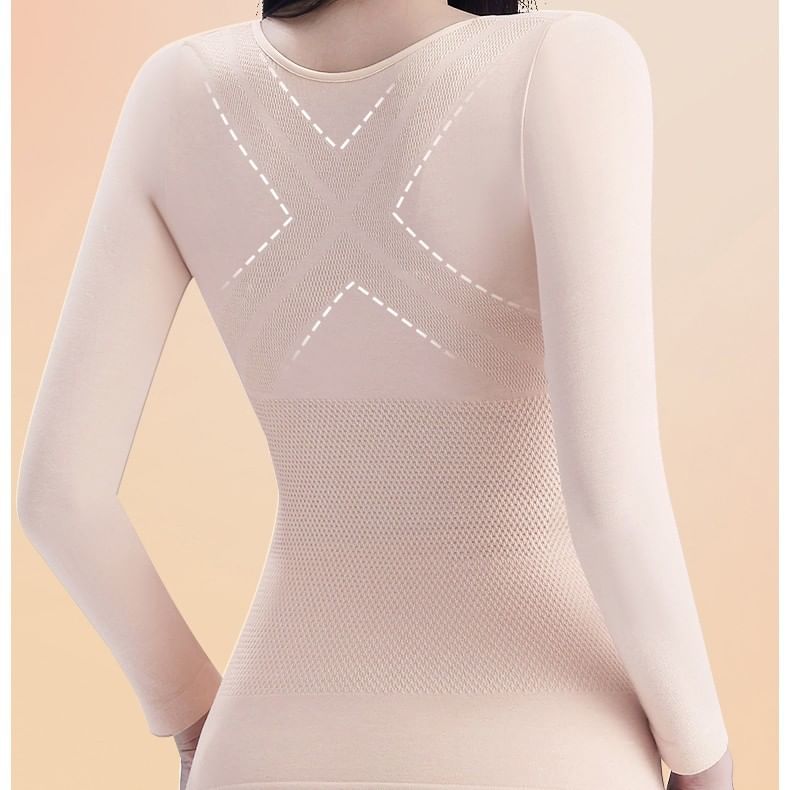 Set: Long-Sleeve Plain Crew Neck Underwear Tee + Leggings