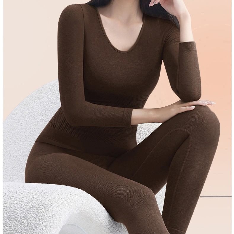 Set: Long-Sleeve Plain Crew Neck Underwear Tee + Leggings