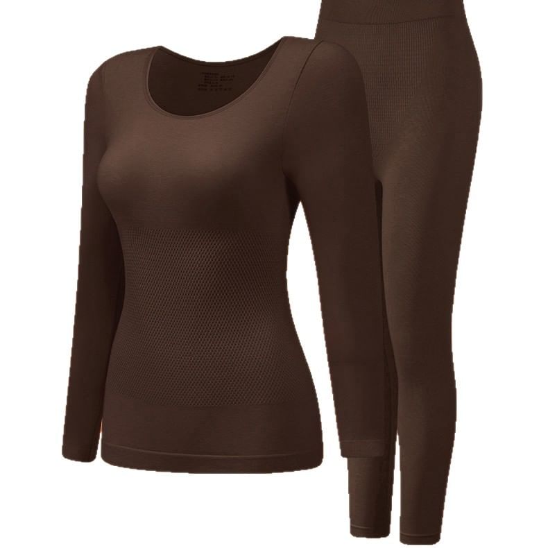 Set: Long-Sleeve Plain Crew Neck Underwear Tee + Leggings