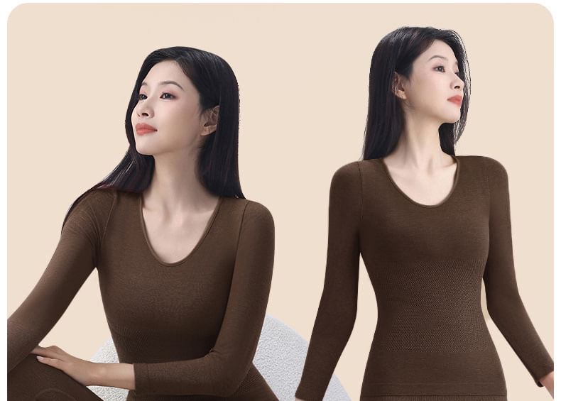 Set: Long-Sleeve Plain Crew Neck Underwear Tee + Leggings