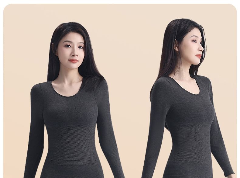 Set: Long-Sleeve Plain Crew Neck Underwear Tee + Leggings