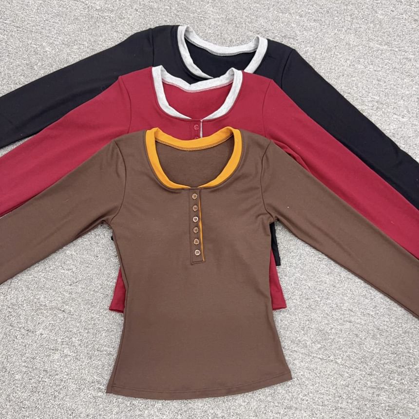 Long Sleeve Two-Tone Henley Tee