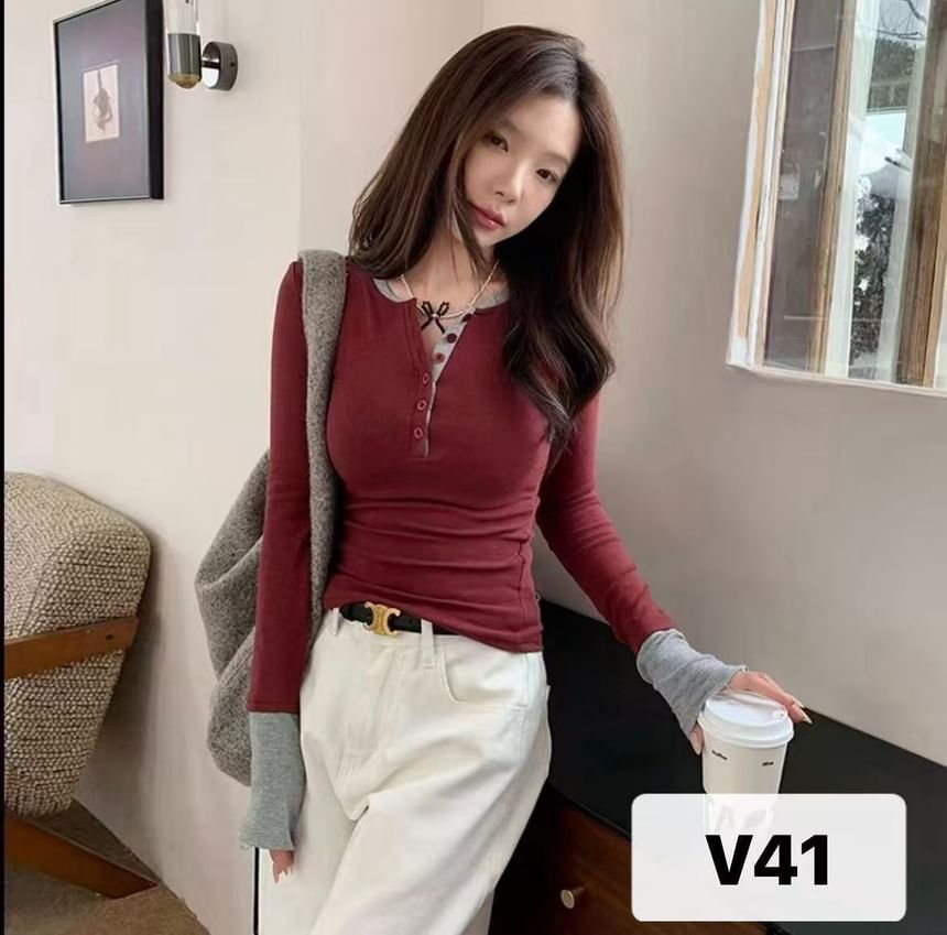 Long Sleeve Two-Tone Henley Tee