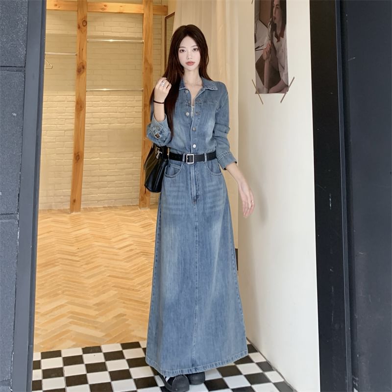 Long-Sleeve Collar Button Denim Maxi A-Line Dress