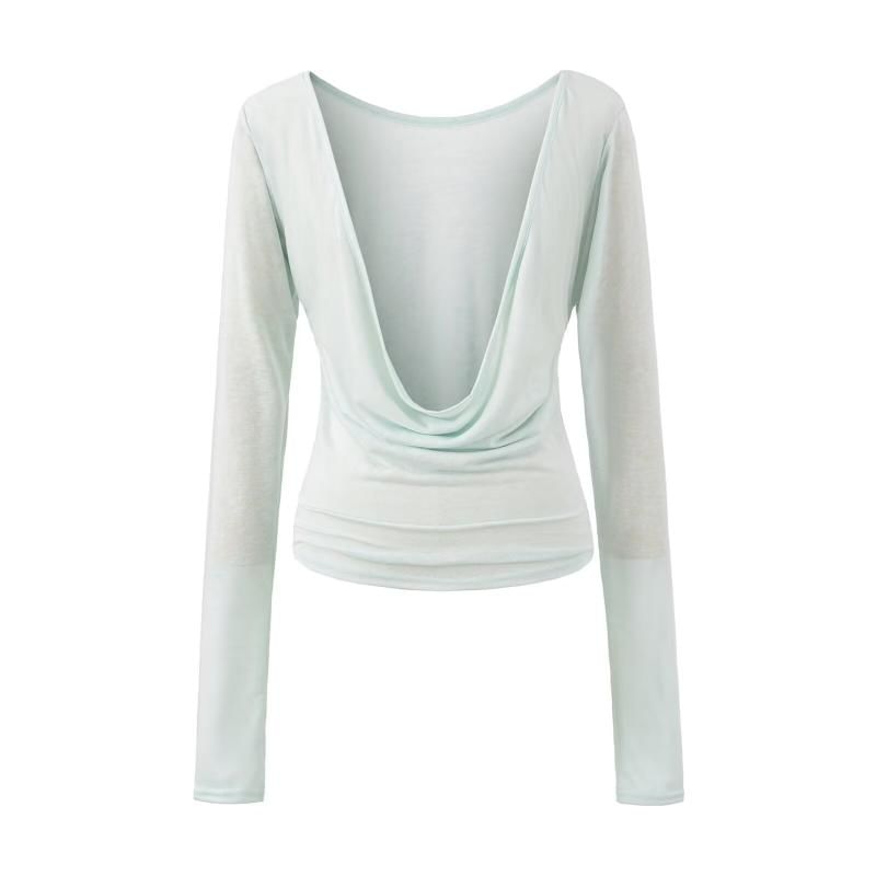 Long Sleeve Deep Plunge Cowl Neck Plain Blouse