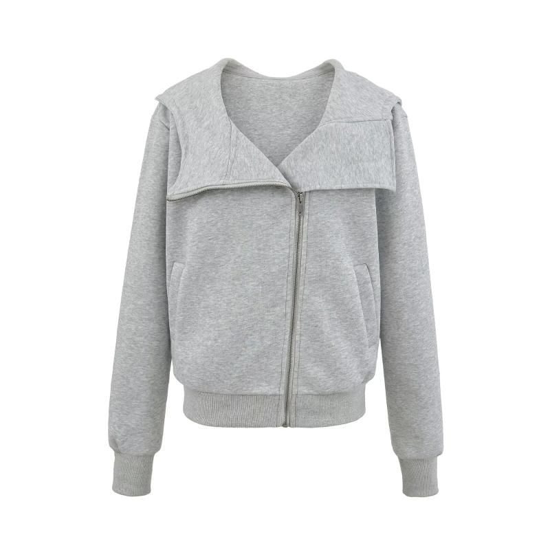 Stand Collar Plain Zip-Up Hooded Sweatshirt