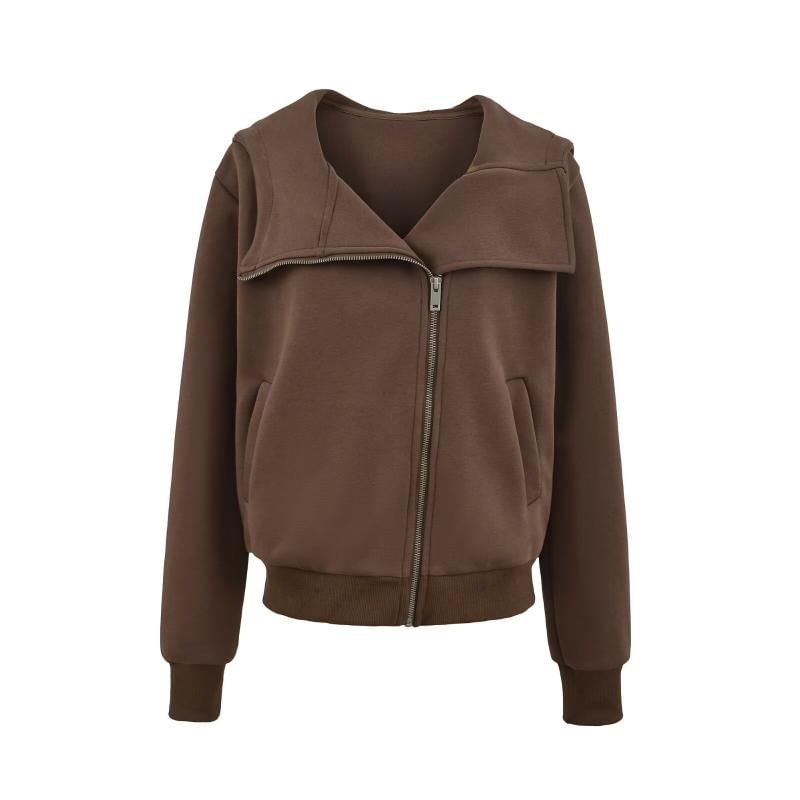 Stand Collar Plain Zip-Up Hooded Sweatshirt