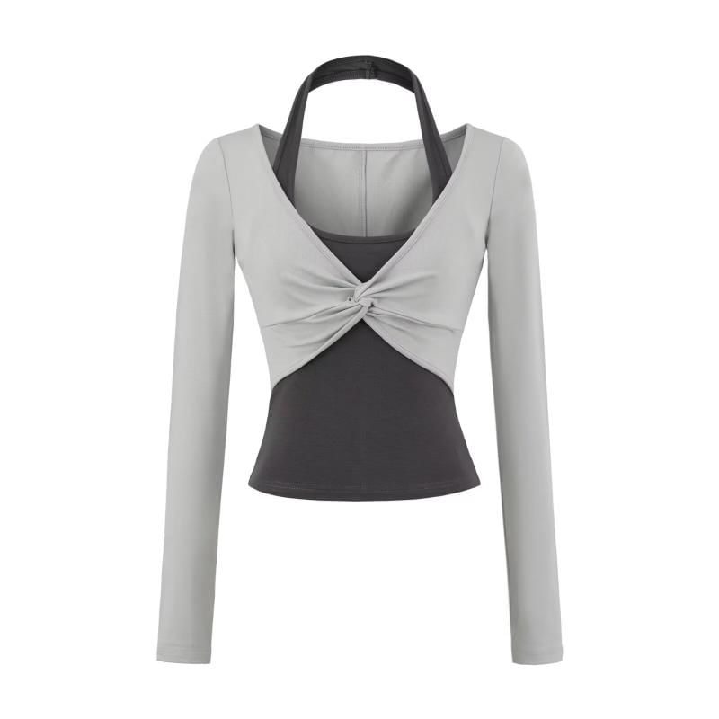 Long Sleeve Halter Illusion Layered Ruched Top