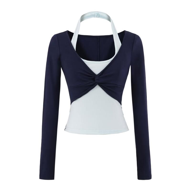 Long Sleeve Halter Illusion Layered Ruched Top