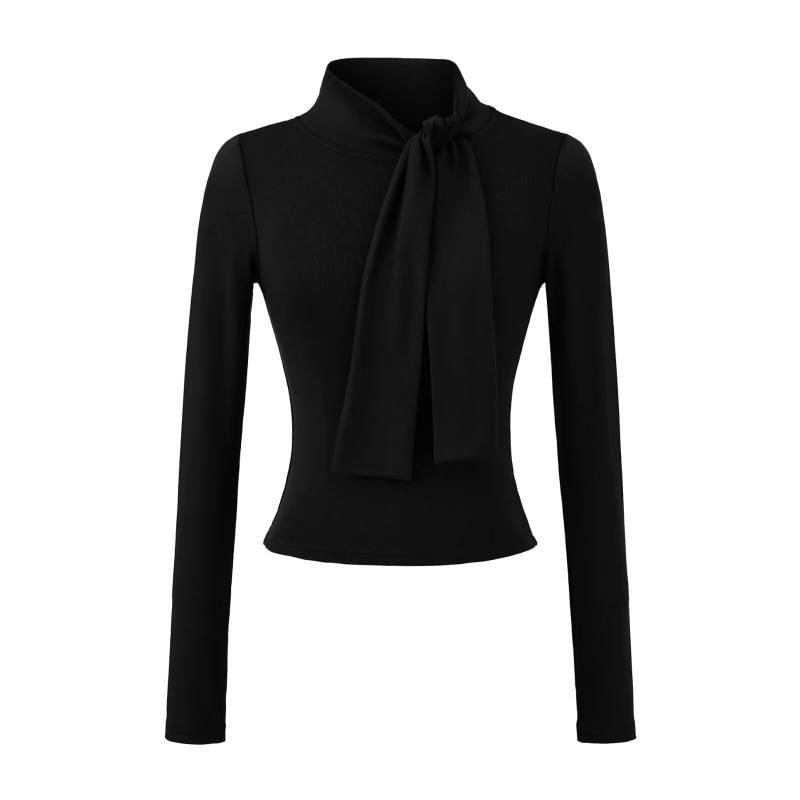 Long Sleeve Tie Neck Plain Blouse
