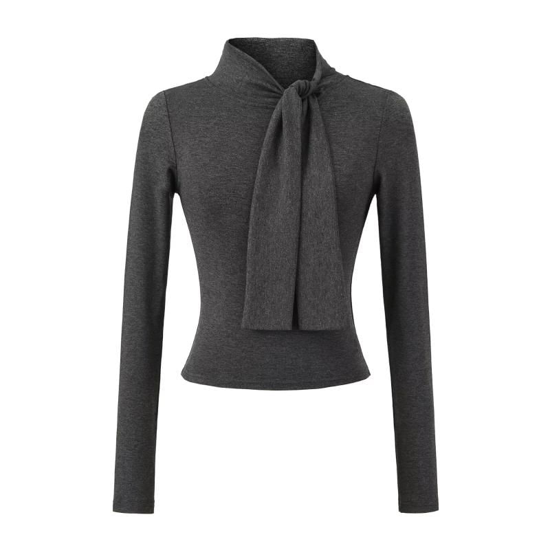Long Sleeve Tie Neck Plain Blouse