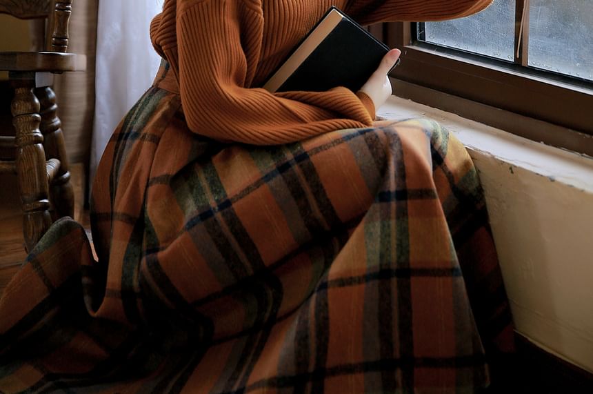 Mock Neck Plain Ribbed Sweater & High Rise Plaid Midi A-Line Skirt Set