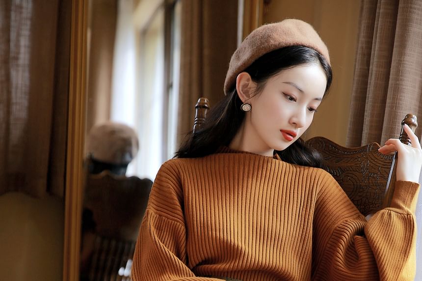 Mock Neck Plain Ribbed Sweater & High Rise Plaid Midi A-Line Skirt Set