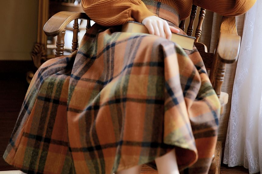 Mock Neck Plain Ribbed Sweater & High Rise Plaid Midi A-Line Skirt Set