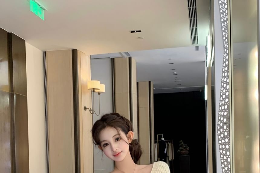 Off Shoulder Plain Pointelle Sweater & High Waist Plain Mini A-Line Skirt
