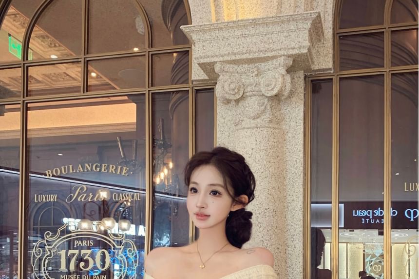 Off Shoulder Plain Pointelle Sweater & High Waist Plain Mini A-Line Skirt