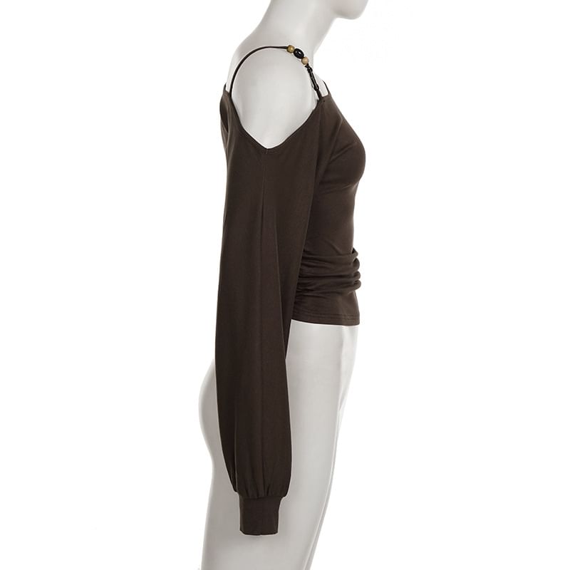 Beaded Ruched Cold-Shoulder Long-Sleeve Plain Blouse