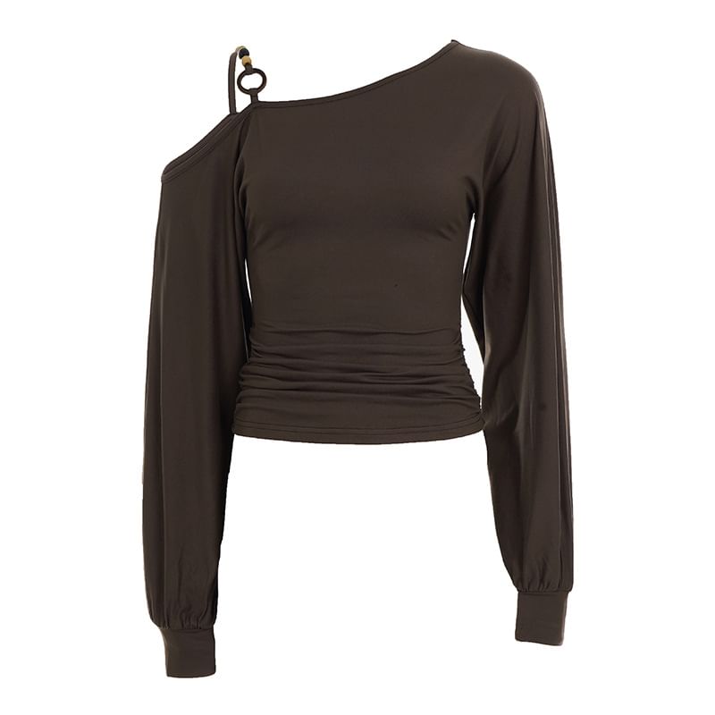 Beaded Ruched Cold-Shoulder Long-Sleeve Plain Blouse
