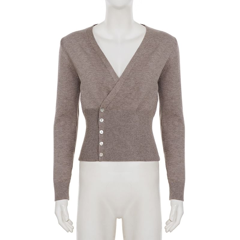 Buttoned Knit Wrap Top with V-Neck & Long Sleeves