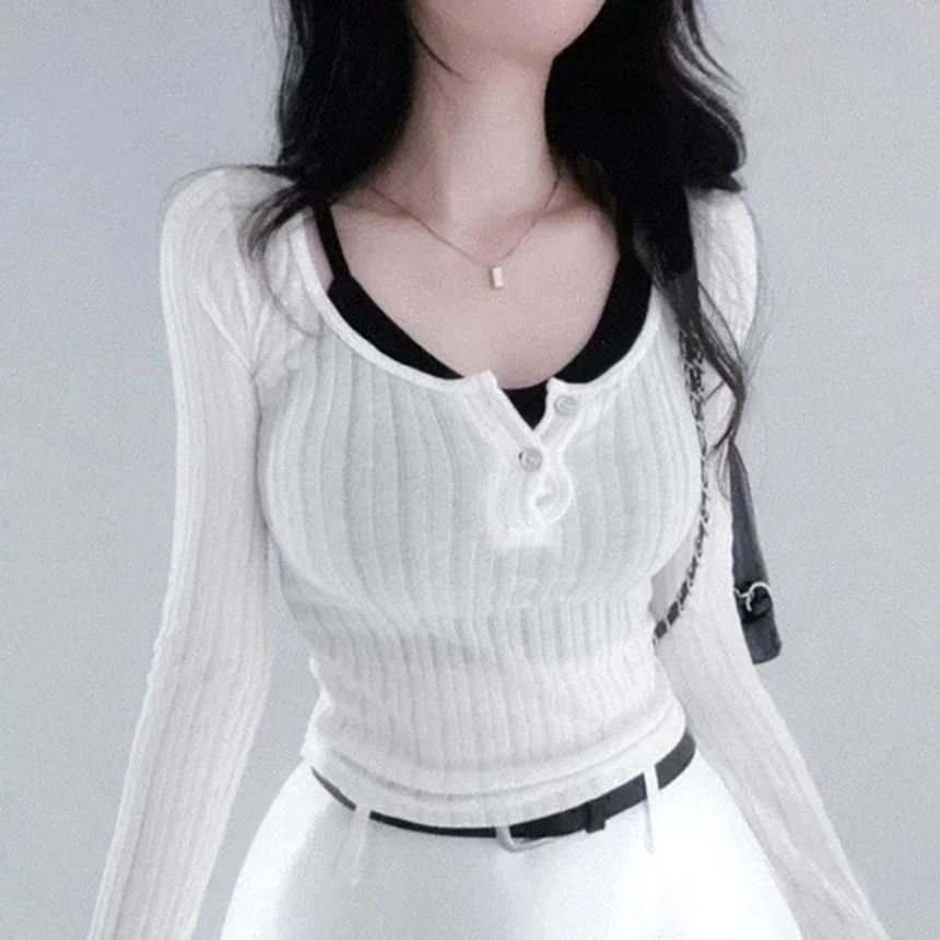 Ribbed Henley Long-Sleeve Top & Plain Camisole Set