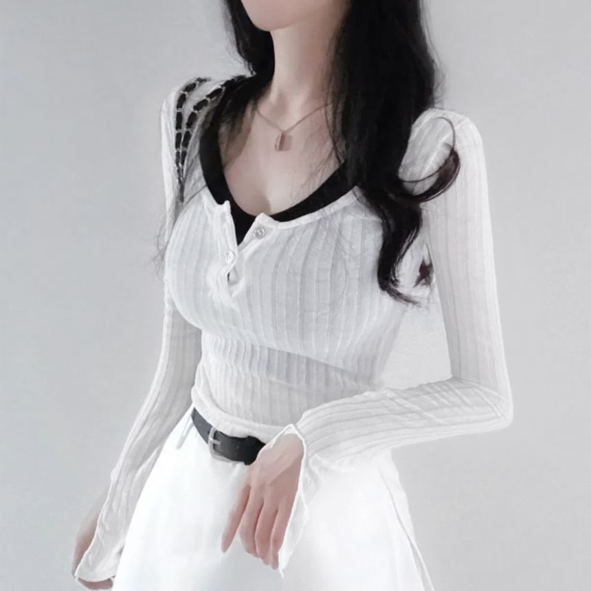 Ribbed Henley Long-Sleeve Top & Plain Camisole Set
