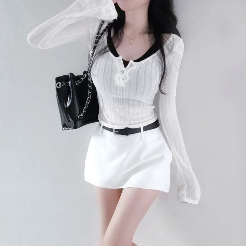 Ribbed Henley Long-Sleeve Top & Plain Camisole Set