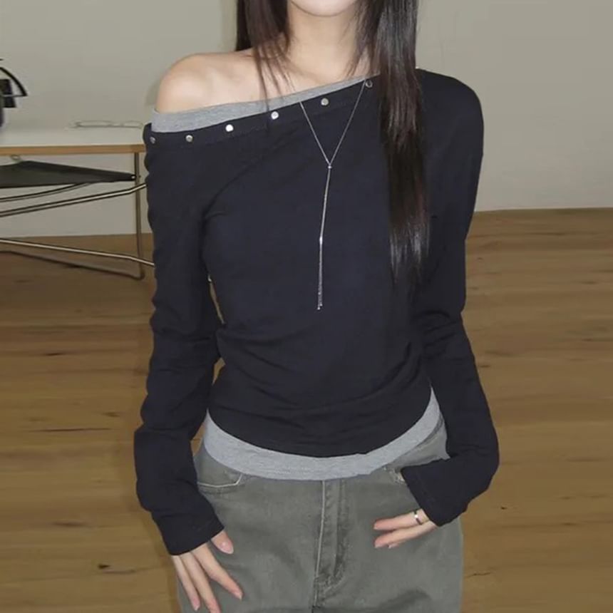 Studded Mock-Layered Top with One Shoulder & Long Sleeves